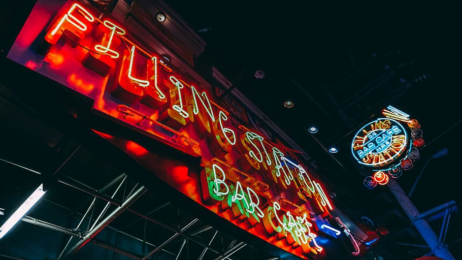 Turned-on Bar Cafe Signage, bright, colors, dark, evening, filling station HD wallpaper