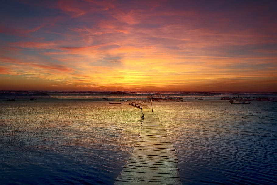 landscape, sunset, jetty, clouds, sky, light, water, sea, scenics - nature HD wallpaper
