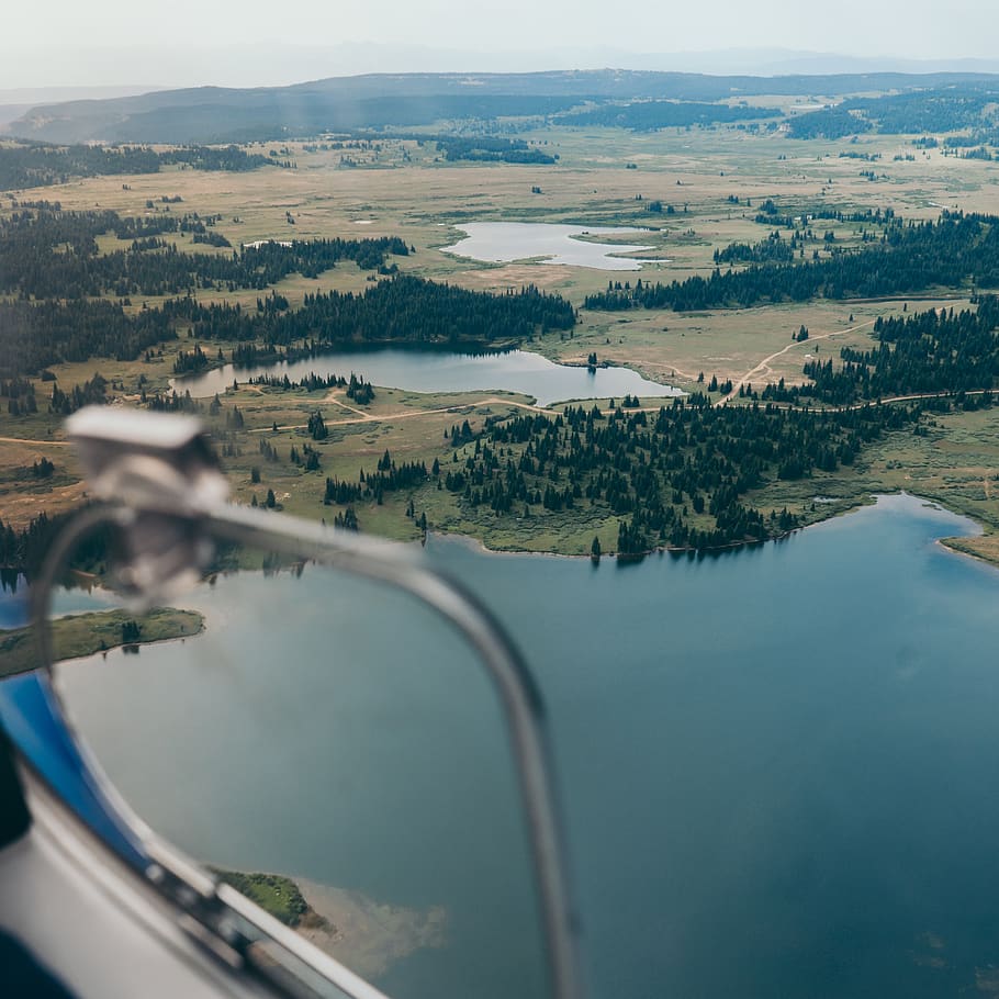trees, lake, flight, plane, mountain, water, sky, nature, no people HD wallpaper