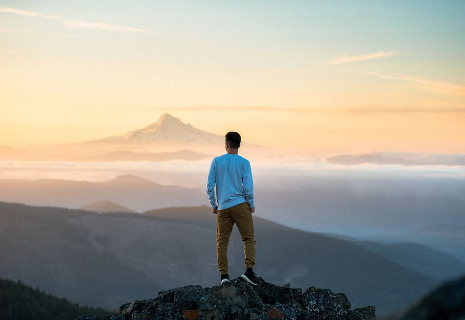 people, man, back, mountain, peak, summit, adventure, travel HD wallpaper