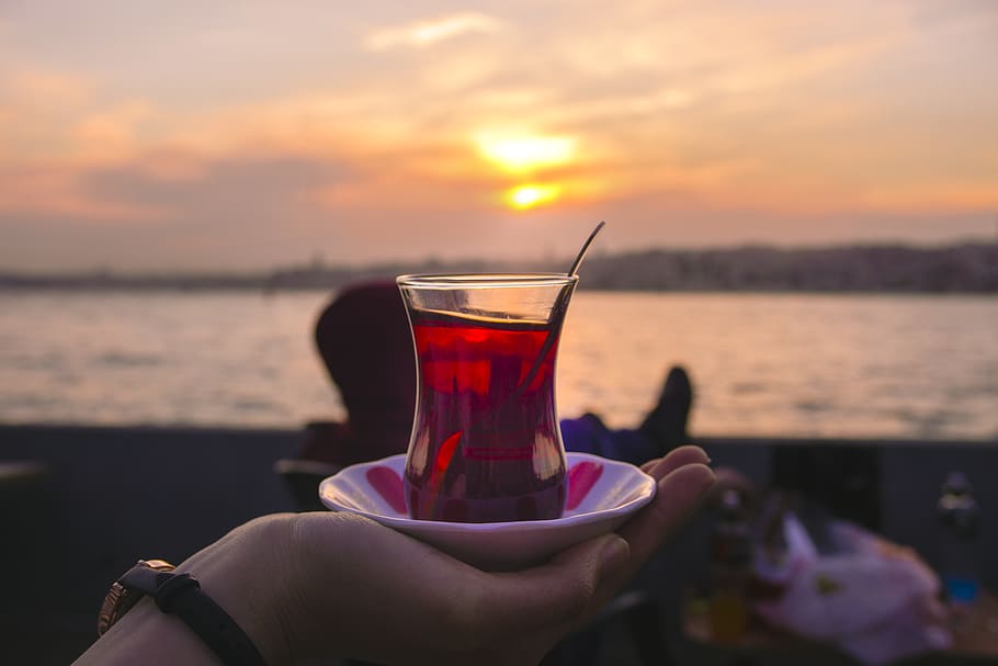 person, human, drink, beverage, tea, sunset, glass, pottery, HD wallpaper