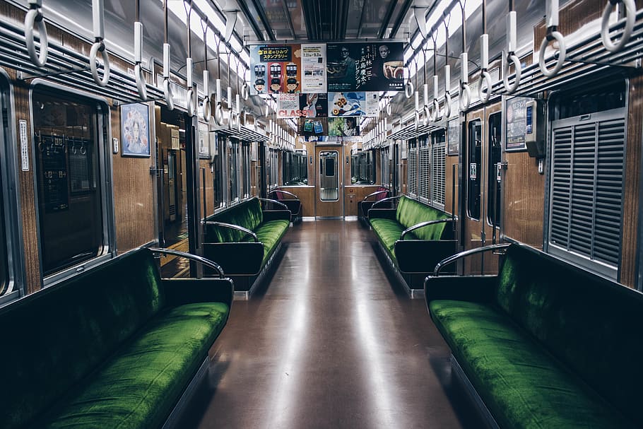 brown and green train interior, japan, subway, kyoto prefecture