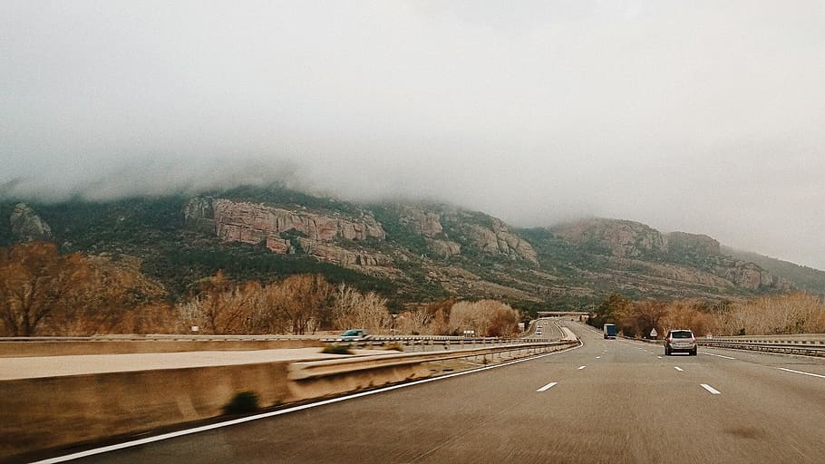 Cars on 4-lane Road Near Valley and Mountain at Daytime, asphalt HD wallpaper