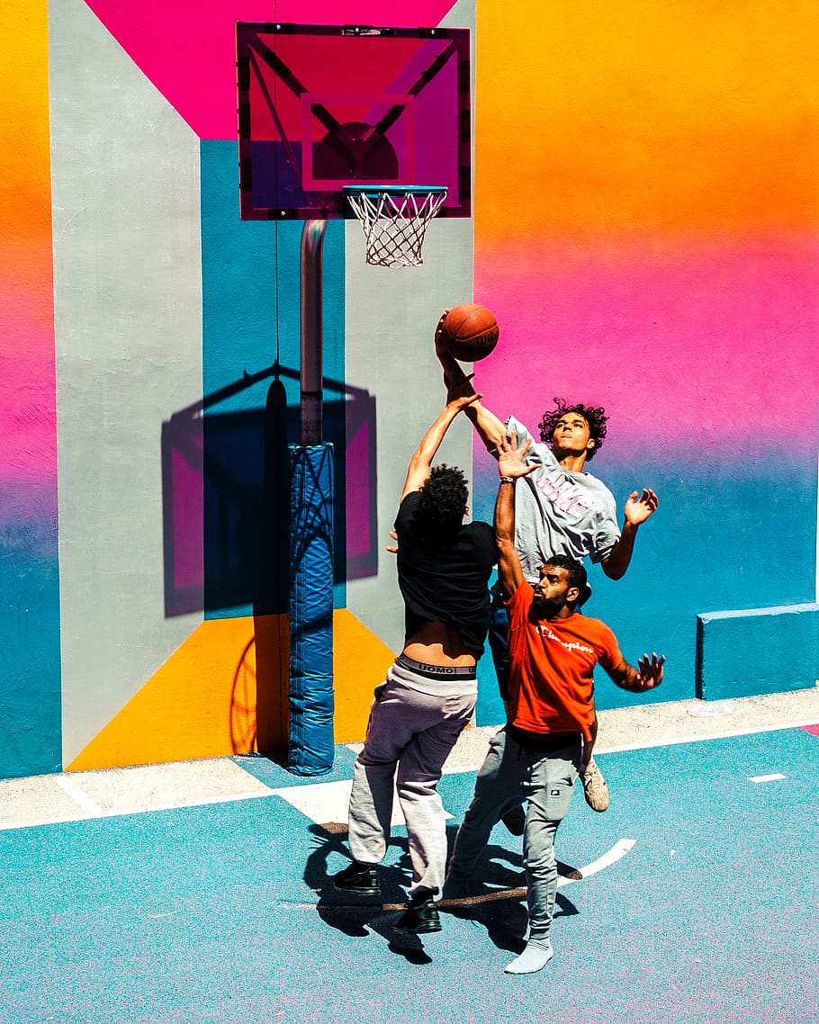 three people playing basketball, full length, real people, two people HD wallpaper