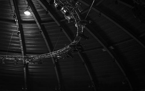lamps, lighting, lights, backstage, black and white, roof, low angle view HD wallpaper