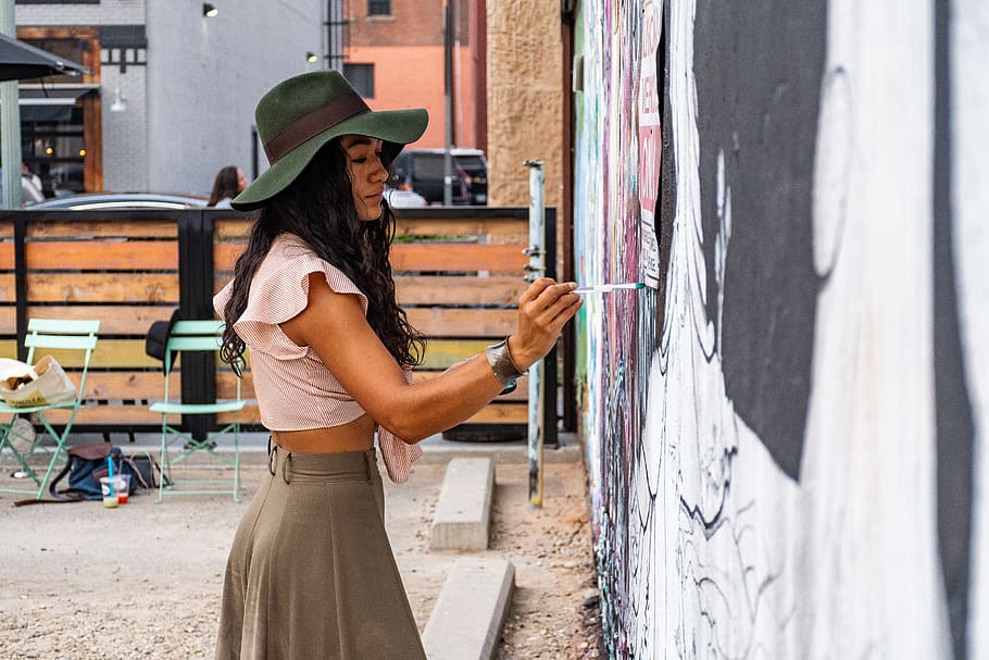 Woman Painting on Wall, adult, architecture, art, artist, beautiful