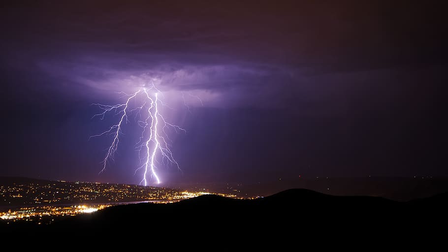 Lightnings, bolt, dark, evening, long-exposure, sky, power in nature HD wallpaper