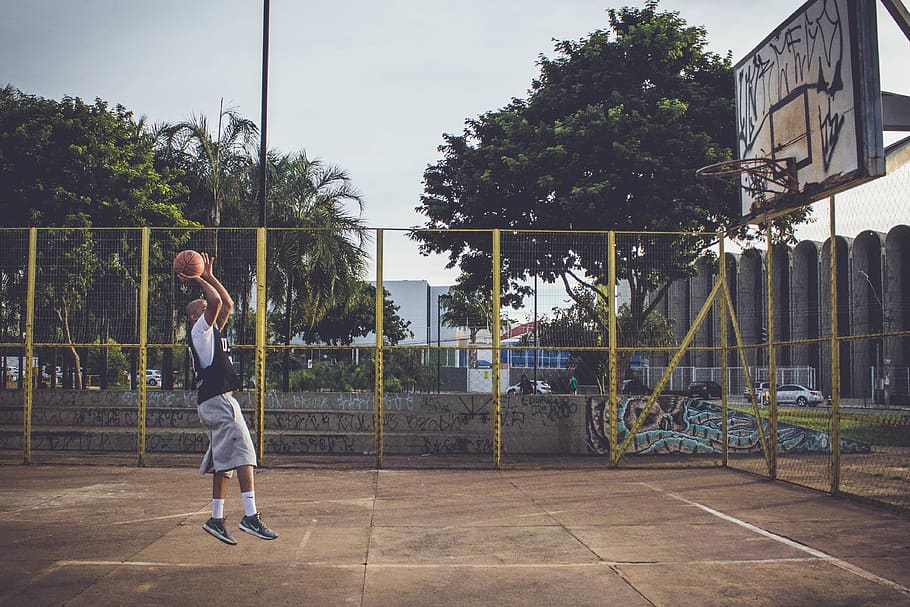Man Doing Jump Shot, active, bald, ball, basketball, basketball court, HD wallpaper