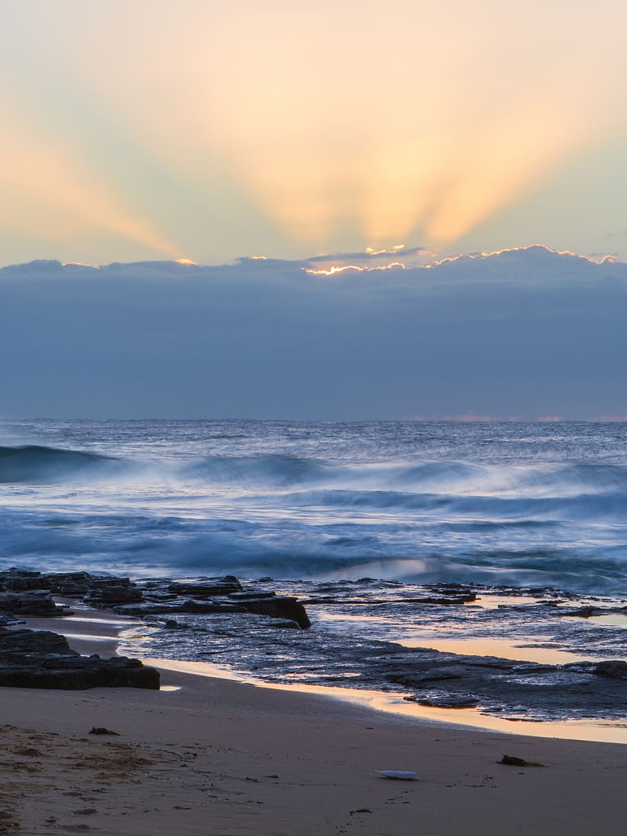 australia, turimetta beach, water, sea, ocean, clouds, sun, HD wallpaper