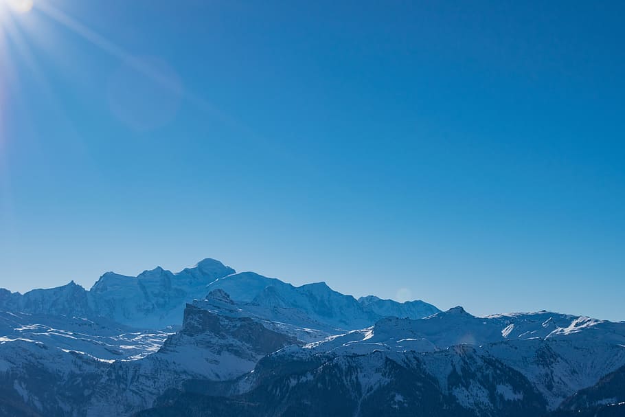 Mountain, sky, snow, blue, sunshine, peak, scenics - nature HD wallpaper