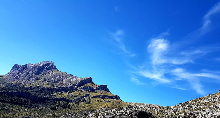 mountain, mountains, sky, blue, cloud cover, panorama, skyline HD wallpaper