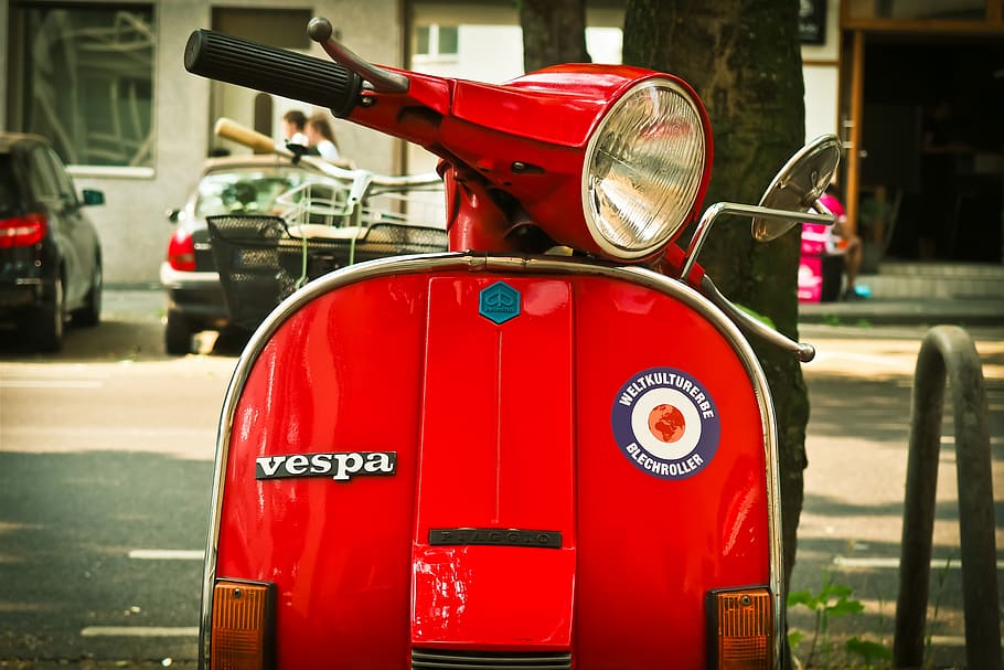 Red Vespa Motor Scooter Parked Near Tree during Daytime, classic HD wallpaper