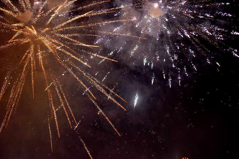 two firecrackers, nature, outdoors, night, fireworks, light, flare HD wallpaper