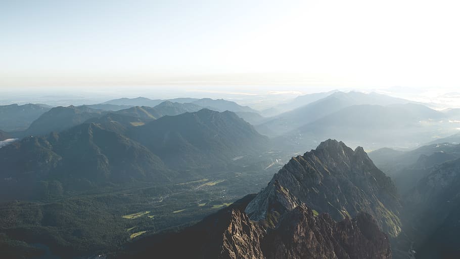zugspitze, summer, grass, clouds, view, fog, alm, city, lake HD wallpaper