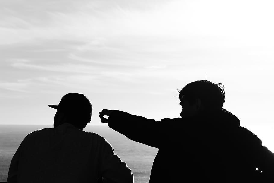 guys, men, man, people, silhouette, shadow, pointing, sky, clouds HD wallpaper