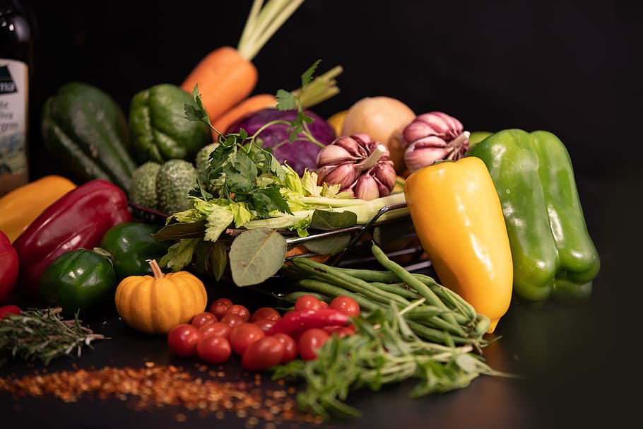 assorted vegetables on table, plant, food, egg, pepper, bell pepper HD wallpaper