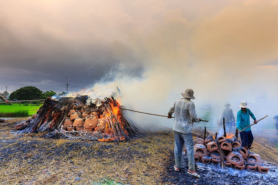 People Burning Clay Pots, ashes, daylight, fire, flame, group HD wallpaper