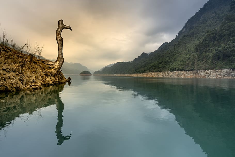 Mountain Near Body of Water, cloudiness, clouds, cloudscape HD wallpaper