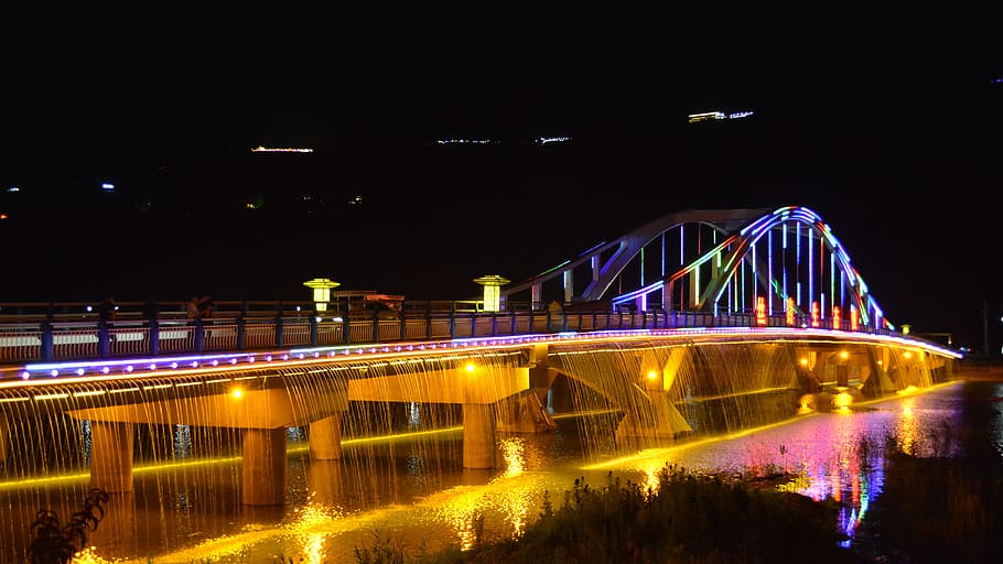 bridge, night, lights, bright, sea, water, glow, city, architecture HD wallpaper