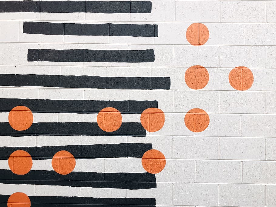 dot, brick, wall, stripe, mural, art, orange, white, black HD wallpaper