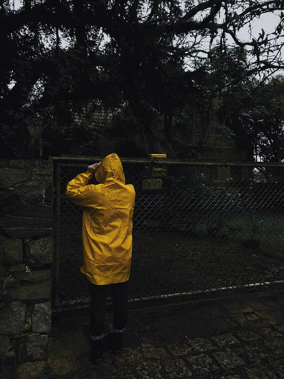 Person Wearing Rain Coat, creepy, eerie, environment, fence, gate, HD wallpaper