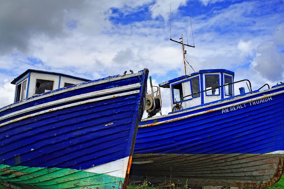 boat, blue, timber, paint, sky, nautical, fishing, trawler HD wallpaper
