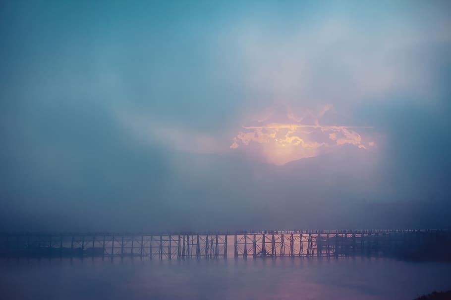 sky, blue, pink, bridge, wood, wooden, nature, thailand, water HD wallpaper