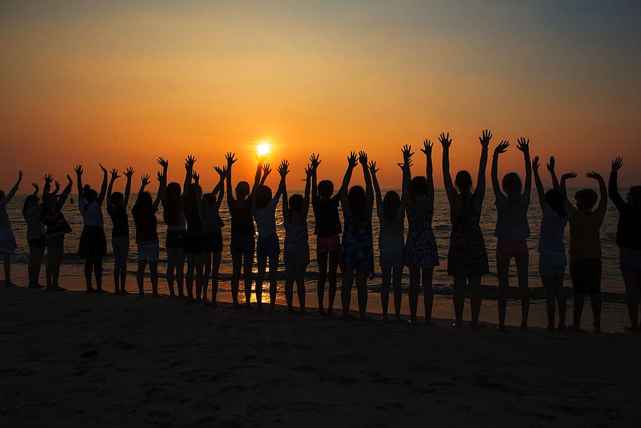 sunset, human, dawn, silhouette, landscape, sunrise, group of people HD wallpaper