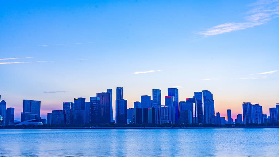 landscape photography of city during golden hour, building, water HD wallpaper