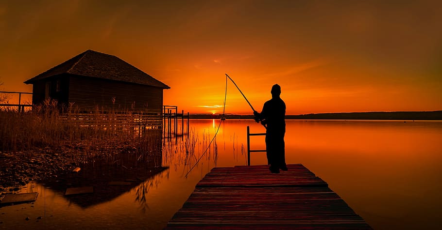 HD wallpaper: fishing fisherman, lake, hobby, nature, sports, sunset,  action