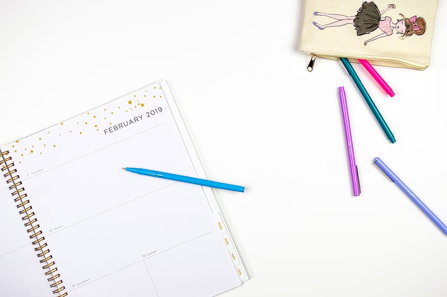 notebooks and pens on white surface, text, page, calendar, pencil HD wallpaper