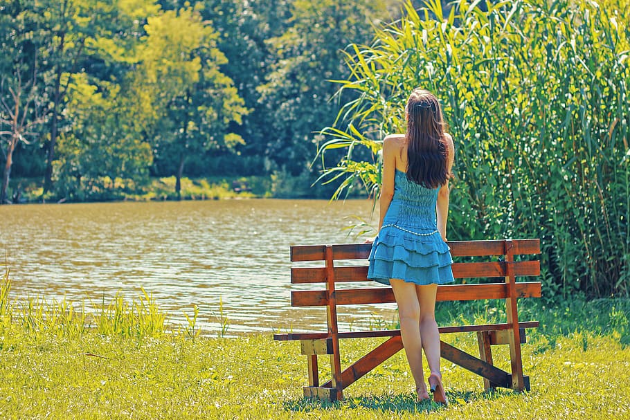Full Length Rear View of a Woman Overlooking Calm Lake, back view HD wallpaper