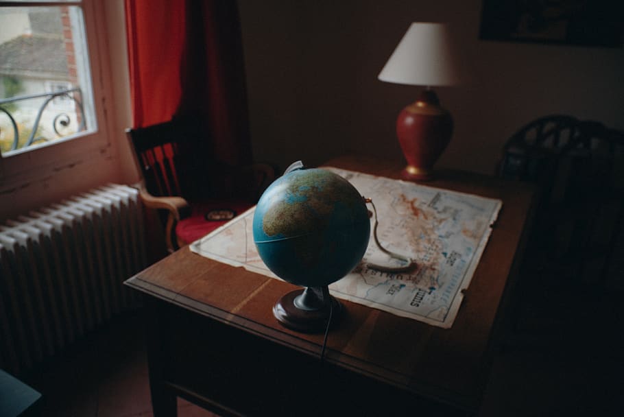 blue desk globe on table, indoors, no people, food and drink HD wallpaper