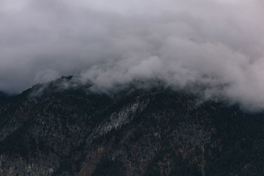 mountain, clouds, cascades, mountains, melancholy, landscape HD wallpaper