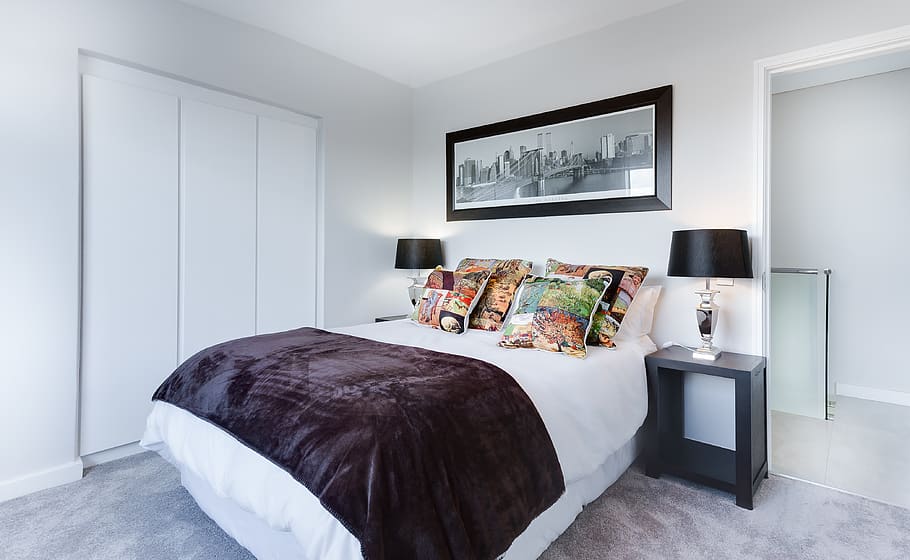 Photo of Bedroom, architecture, blanket, clean, contemporary HD wallpaper