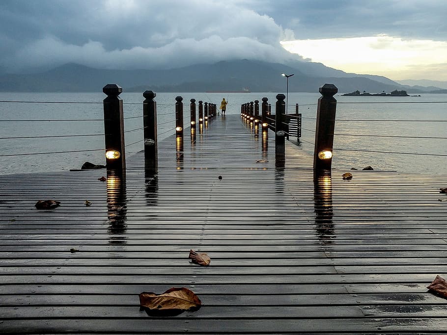 wooden, dock, construction, river, view, lake, nature, landscape