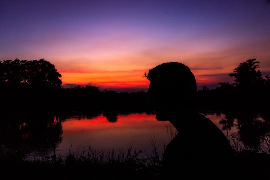 india, saharanpur, silhouette, sunset, water, sky, lake, orange color HD wallpaper