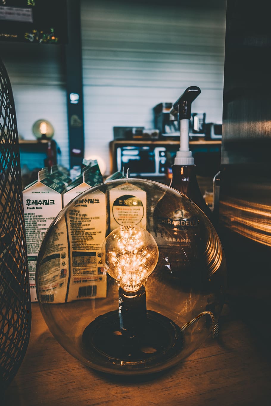 lighted bulb on brown table, drink, beverage, alcohol, lighting HD wallpaper