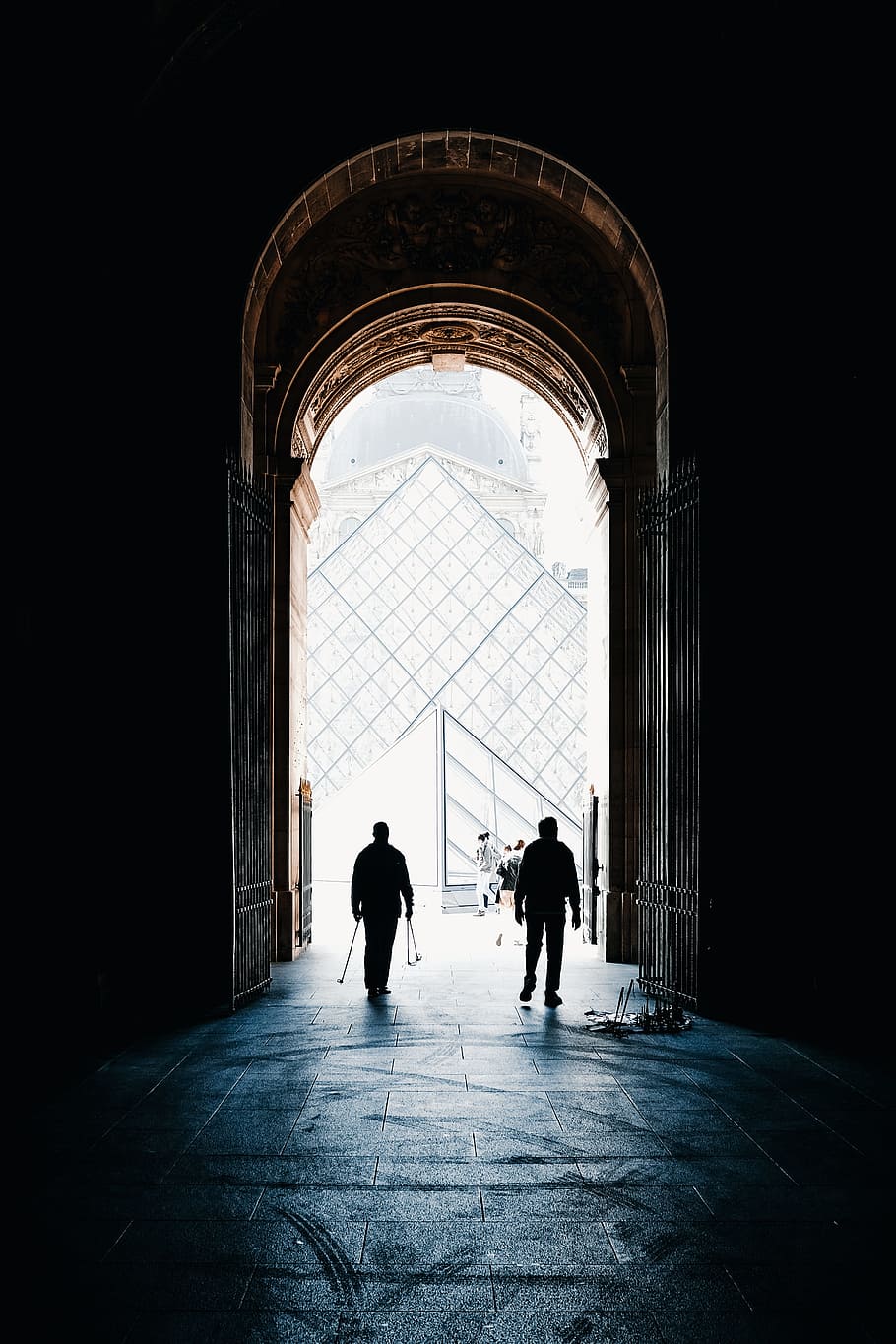 two people walking on concrete dome, building, view, exit, gate HD wallpaper