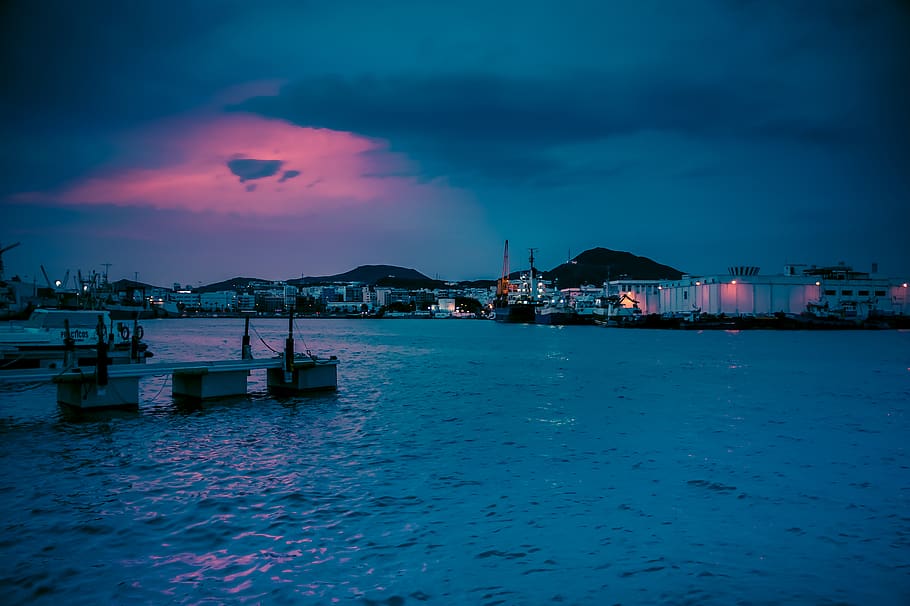 sunset, dark, blue, port, pier, ship, boat, water, ocean, sea HD wallpaper