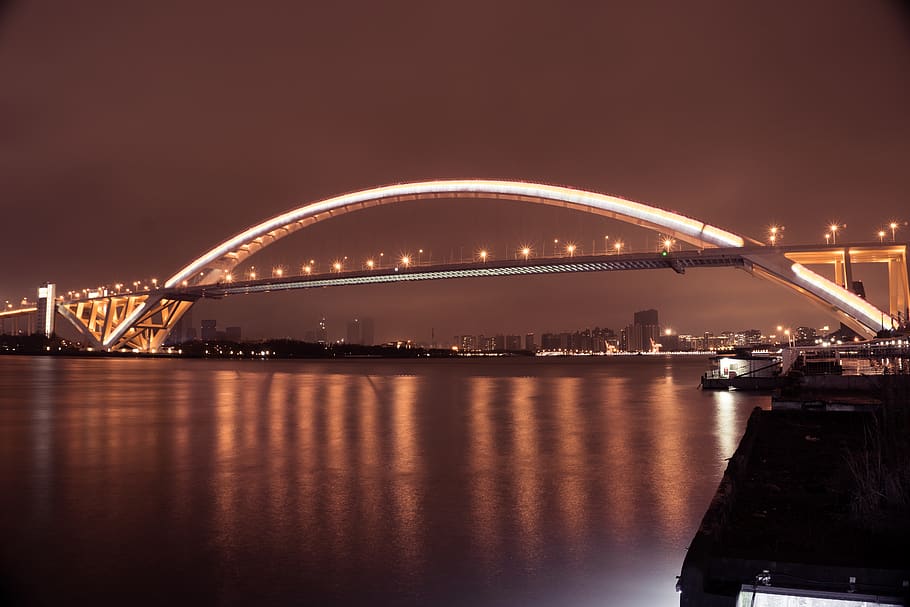 suspension bridge during night time, architecture, building, arched HD wallpaper
