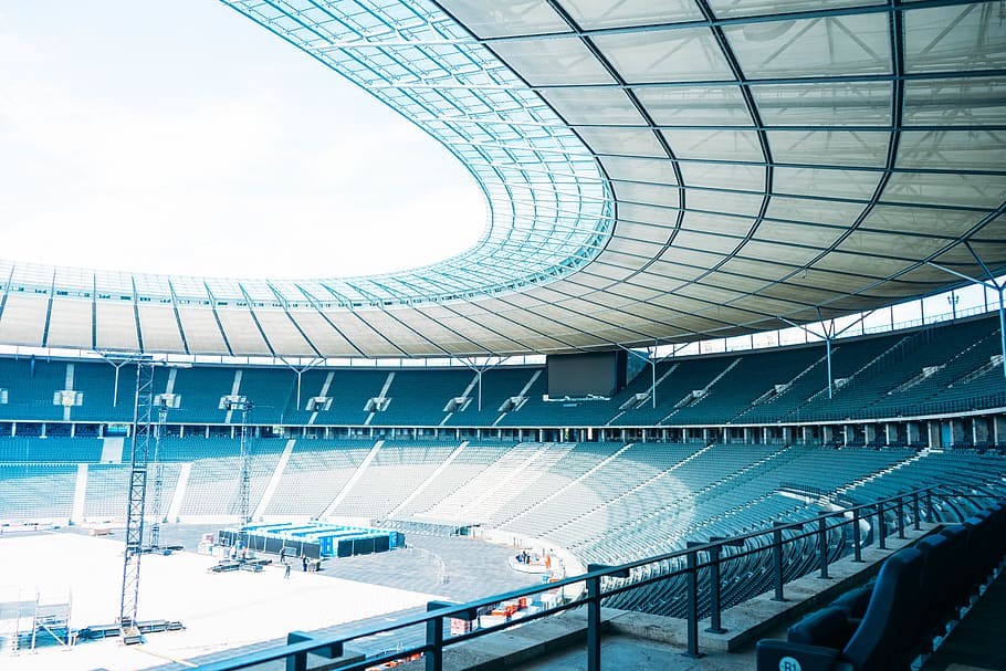 Landscape Photo of Stadium, architecture, bleachers, blue, building, HD wallpaper