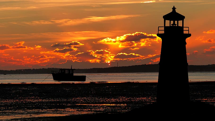 sunset, ocean, lighthouse, sea, water, sky, boat, twilight HD wallpaper