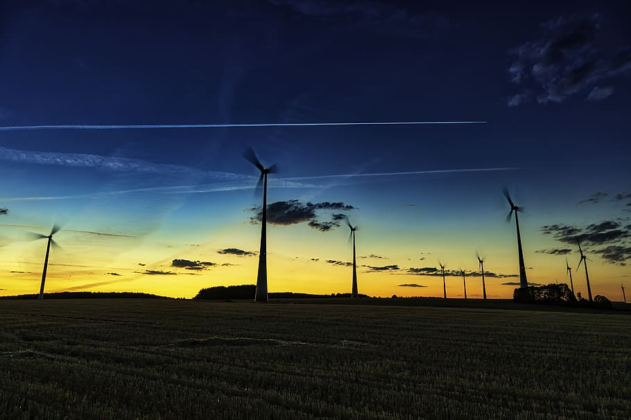 windmill field, motor, machine, engine, red sky, dawn, dusk, sunrise HD wallpaper