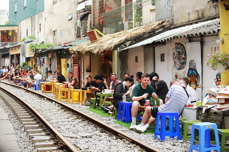 People Beside Train Railway, architecture, commerce, crowd, daylight HD wallpaper