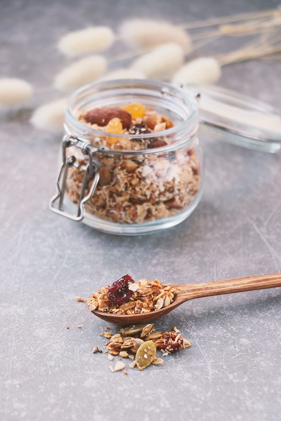clear hermetic glass, granola, jar, spoon, nuts, healthy, oats HD wallpaper