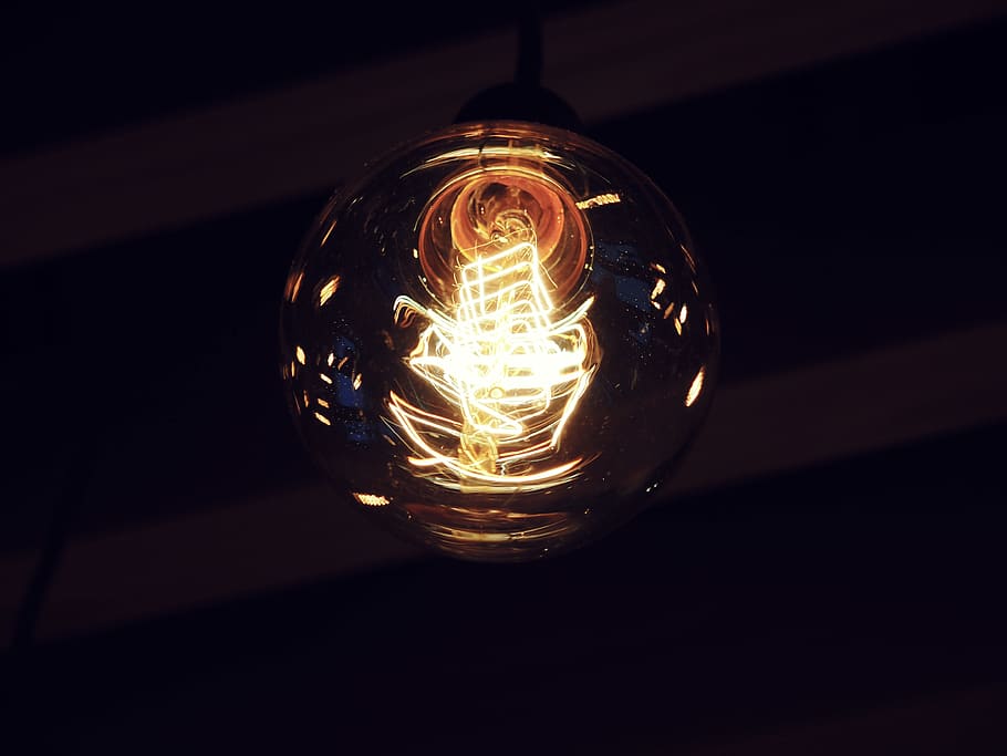 lamp, light, dark, room, yellow, fire, illuminated, light bulb HD wallpaper