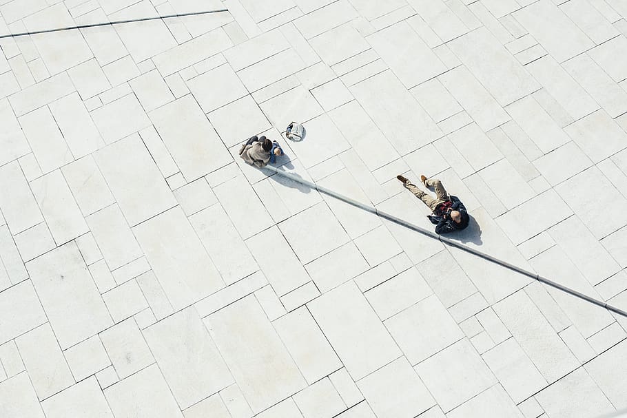 people, man, floor, white, tiles, pattern, high angle view HD wallpaper