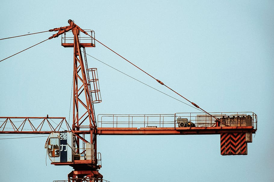 orange tower crane, construction crane, industry, boat, transportation HD wallpaper