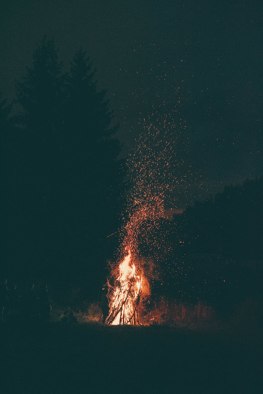 burning wood at night, fire, camp, flame, spark, ember, orange